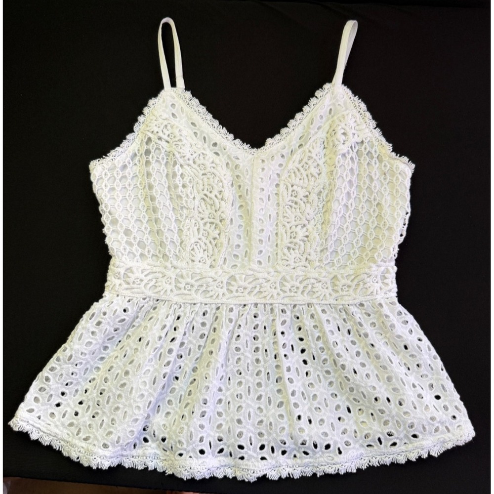 Japna Top Medium Camisole White Eyelit Lace Solid Ruffle Hem Coquette Ethereal